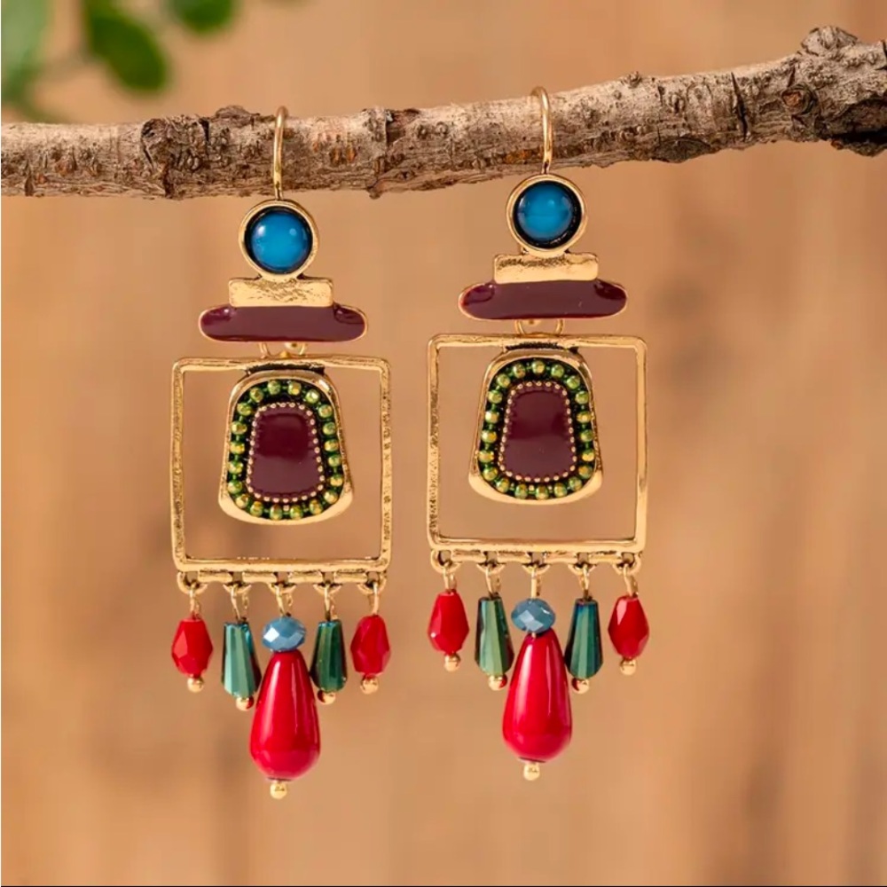 Bohemian Gold and Red Dangle Earrings